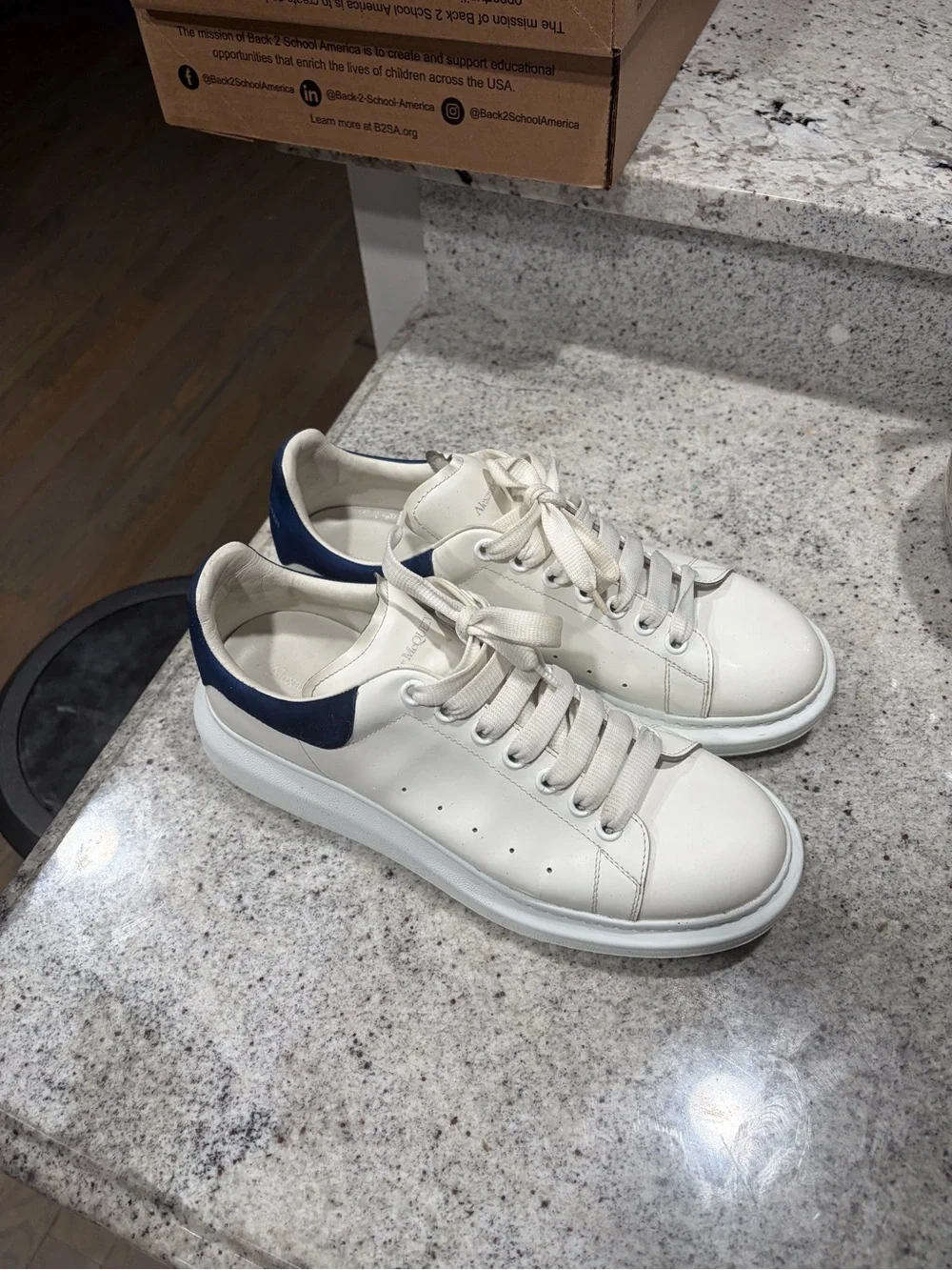 Alexander McQueen Off-White Leather Sneakers with Navy Heel